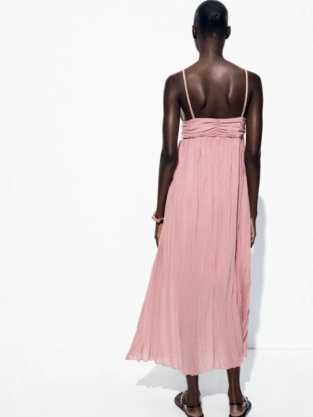 New Zara Thin Metal/Stone Straps V-Neck Pleated Fabric Marsala Midi Dress Small